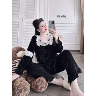 Bộ Đồ Tiểu Thư Cổ Vuông Vải Nhung Màu Đỏ ,Đen , Trẻ Trung Dễ Thương Cho Nữ (Free size  45-60kg) Quần Dài Tay Áo Dài!