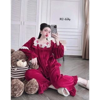 Bộ Đồ Tiểu Thư Cổ Vuông Vải Nhung Màu Đỏ ,Đen , Trẻ Trung Dễ Thương Cho Nữ (Free size  45-60kg) Quần Dài Tay Áo Dài!