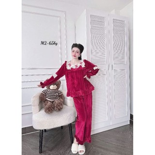 Bộ Đồ Tiểu Thư Cổ Vuông Vải Nhung Màu Đỏ ,Đen , Trẻ Trung Dễ Thương Cho Nữ (Free size  45-60kg) Quần Dài Tay Áo Dài!