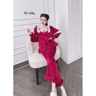 Bộ Đồ Tiểu Thư Cổ Vuông Vải Nhung Màu Đỏ ,Đen , Trẻ Trung Dễ Thương Cho Nữ (Free size  45-60kg) Quần Dài Tay Áo Dài!