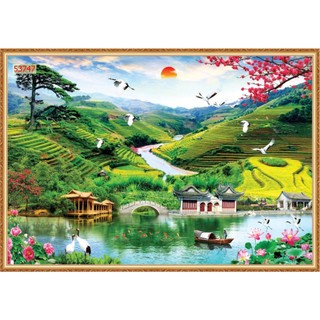 Tranh vải lụa dán tường phong cảnh thiên nhiên phòng khách, phòng ăn, phòng ngủ