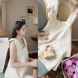 Bộ Đồ Nữ Áo Hai Dây Bản To Thắt Nơ Dáng Babydoll Xòe Màu Trắng Kem Kèm Short Ngắn
