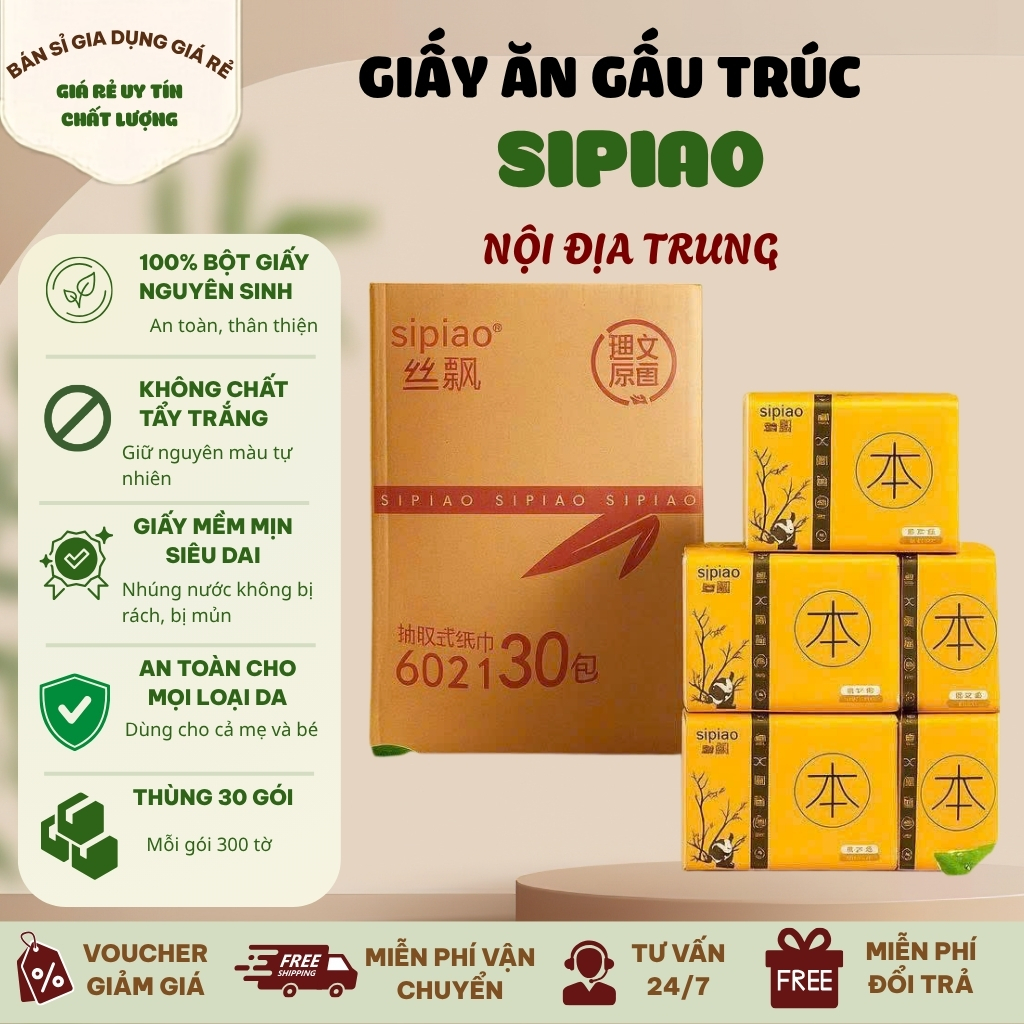 Thùng 30 gói giấy ăn gấu trúc SIPIAO nội địa trung giấy 3 lớp siêu dai không chất tẩy trắng
