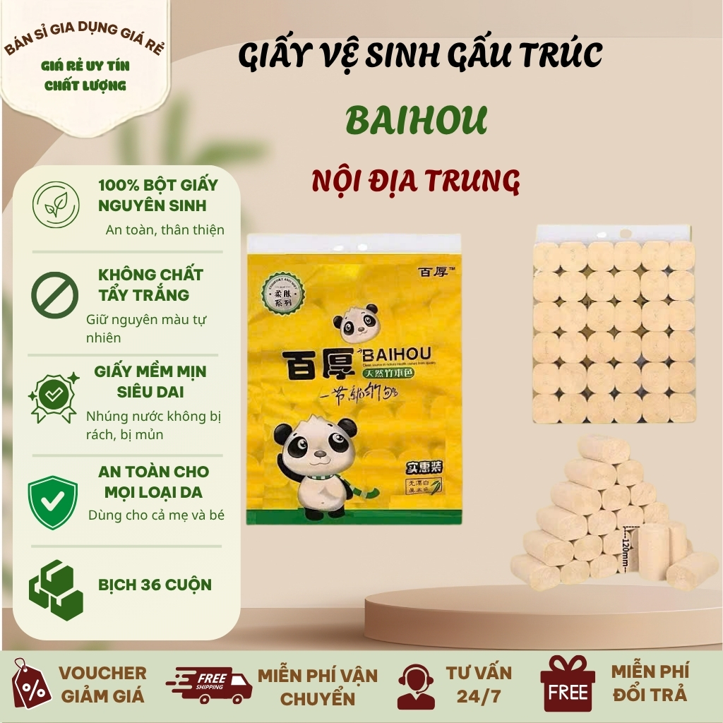 Giấy vệ sinh gấu trúc BAIHOU nội địa trung 4 lớp không lõi siêu dai bịch 36 cuộn
