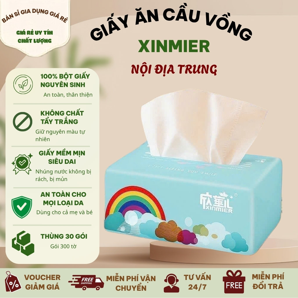 Giấy ăn gấu trúc cầu vồng XINMIER giấy dai mịn, màu trắng, thùng 30 gói