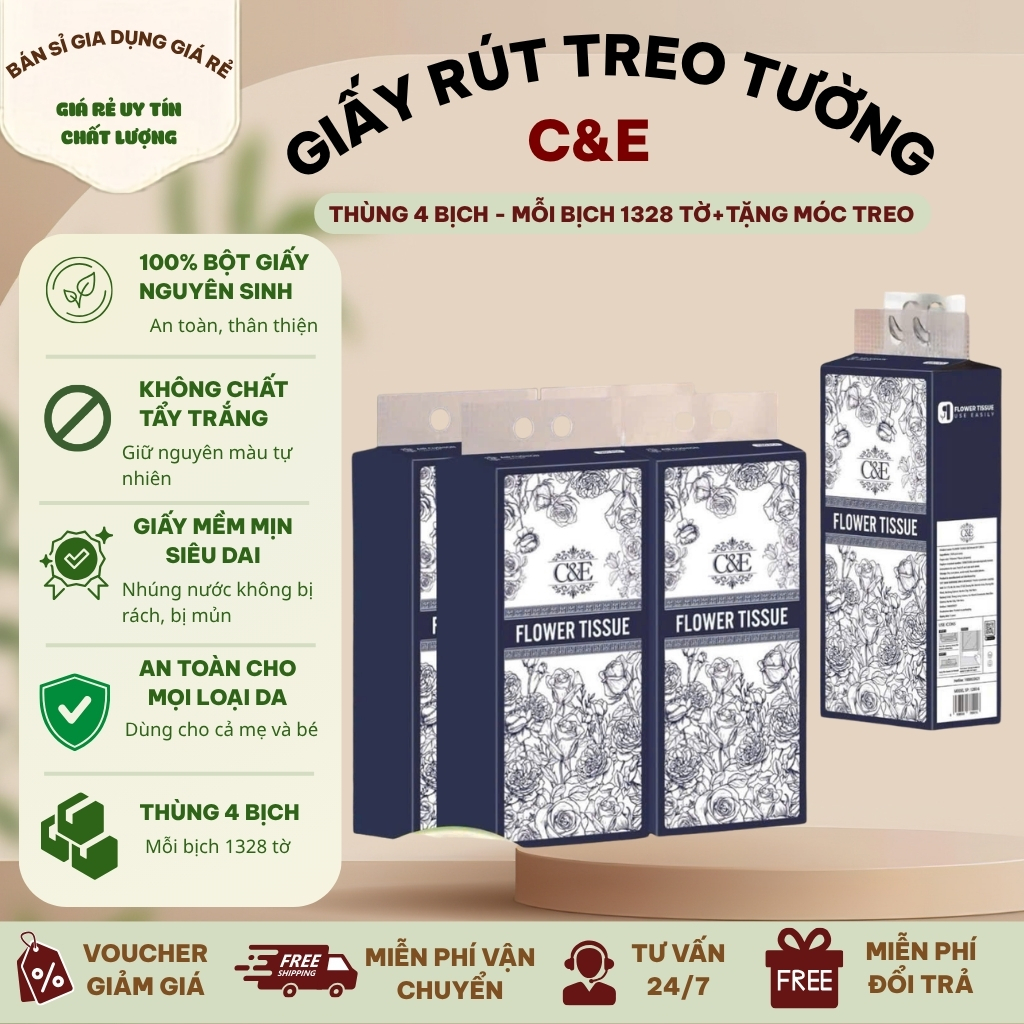Giấy rút treo tường C&E 4 lớp màu trắng nội địa trung, giấy dai mịn, thùng 4 túi mỗi túi 1328 tờ