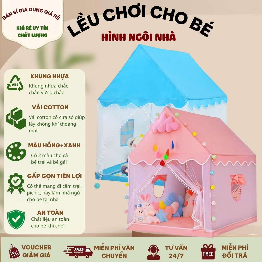 Lều Chơi Cho Bé Hình Ngôi Nhà Cỡ Lớn - Lều Vải Cotton Khung Nhựa Dễ Lắp Ráp, Gấp Gọn Tiện Lợi