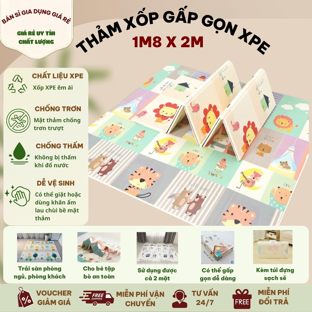 Thảm Xốp Gấp Gọn XPE 1m8x2m 2 Mặt Chống Trơn Trượt, Chống Thấm, Dễ Vệ Sinh, An Toàn Khi Sử Dụng