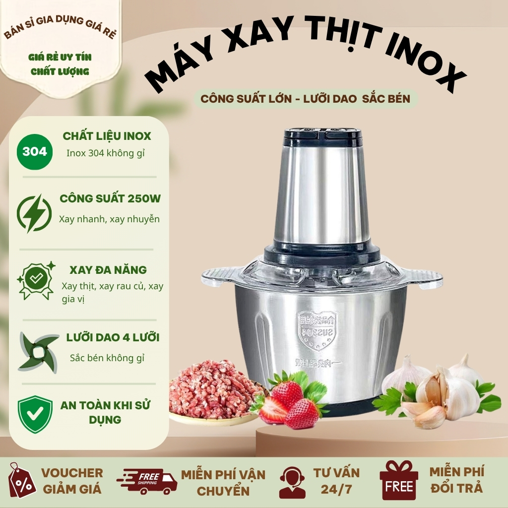 Máy Xay Thịt Đa Năng 2L Cối Inox 304 Công Suất 250W Xay Thực Phẩm Rau Củ Gia Vị Nhanh Chóng Tiện Lợi