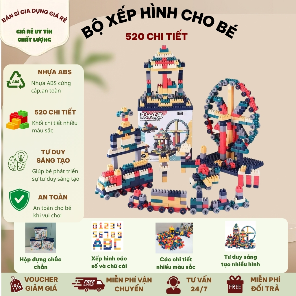 Bộ Đồ Chơi Lắp Ghép Xếp Hình 520 Chi Tiết Nhựa ABS Cao Cấp Cho Bé Phát Triển Tư Duy Sáng Tạo