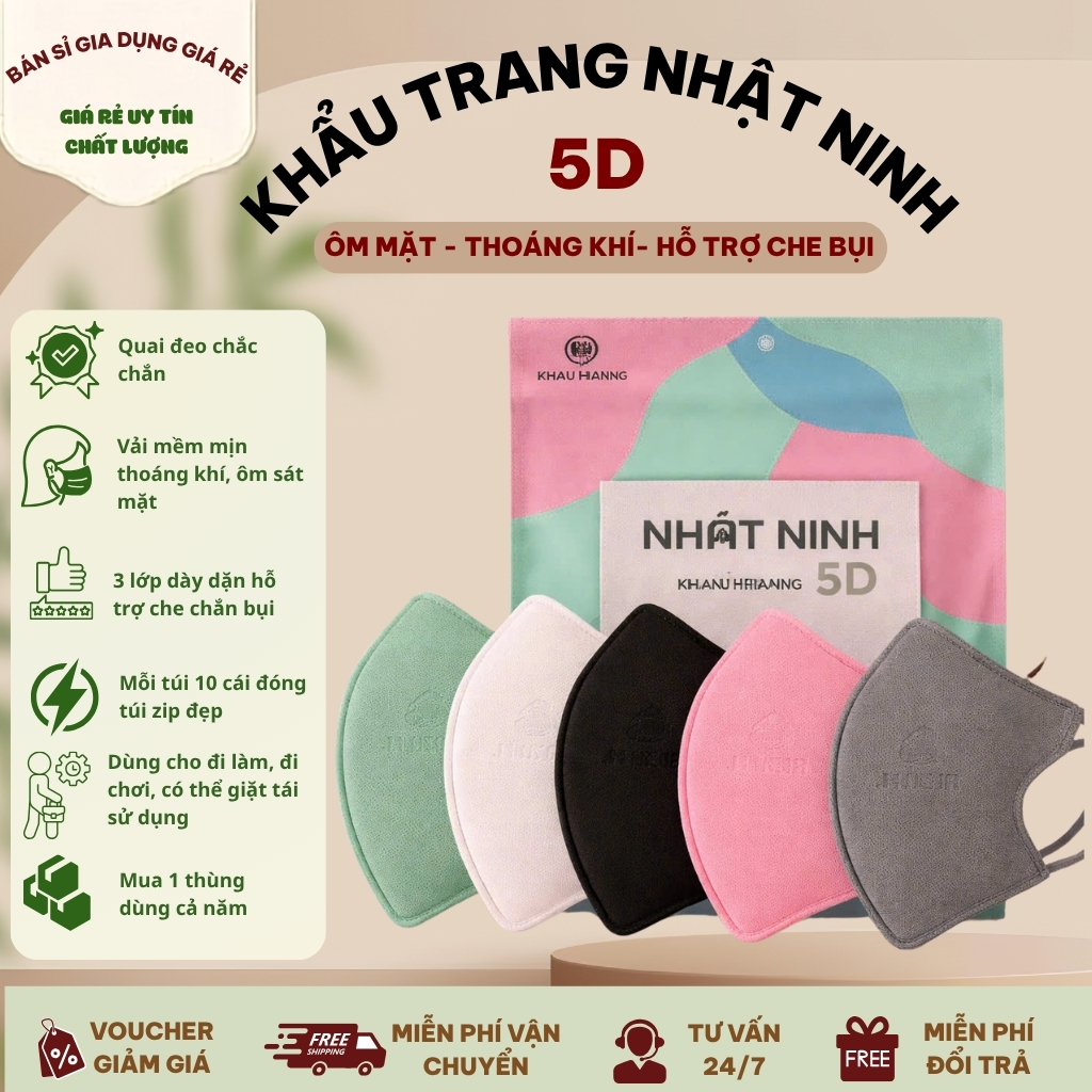 Thùng 200 chiếc khẩu trang 5D Nhật Ninh kháng khuẩn lọc bụi mịn thiết kế ôm mặt dễ thở