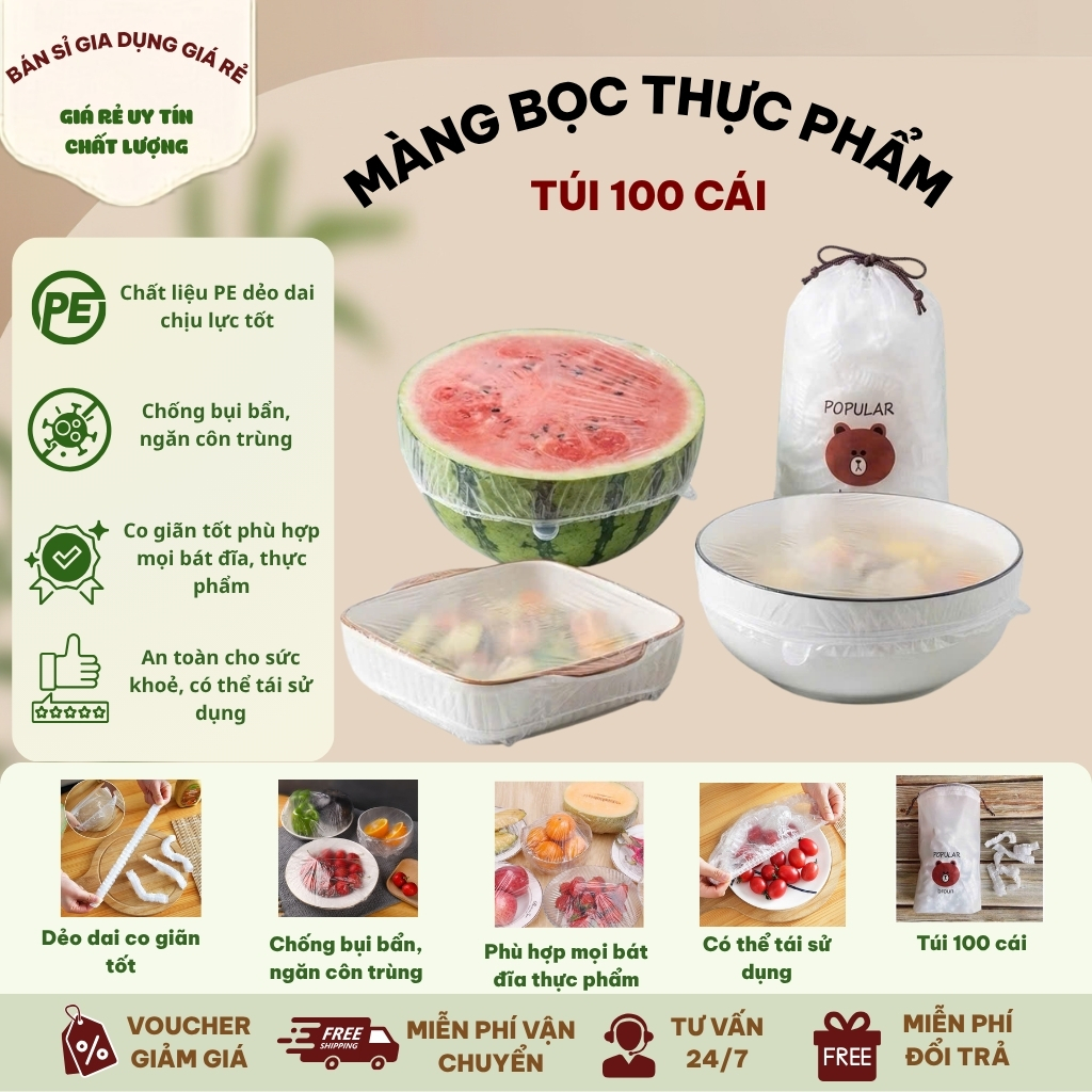 Set 100 túi bọc thực phẩm bo chun kèm túi có thể tái sử dụng