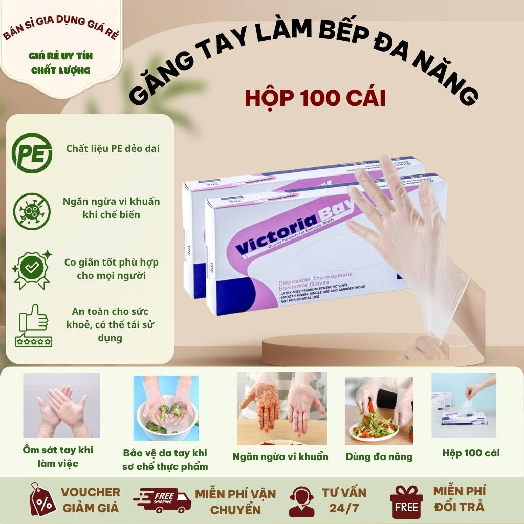 Hộp 100 Găng Tay Cao Su Tpe Victoria Bay Siêu Dai
