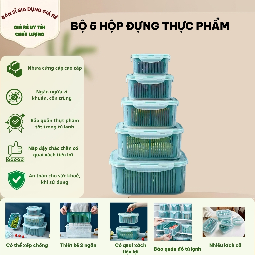 Bộ 5 hộp đựng đồ thực phẩm tủ lạnh đa năng 2 ngăn có nắp đậy