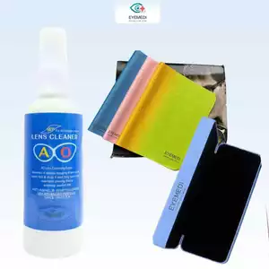 Trọn bộ hộp đựng mắt kính, nước làm sạch tròng kính, khăn lau tròng kính kính nhà Eyemedi