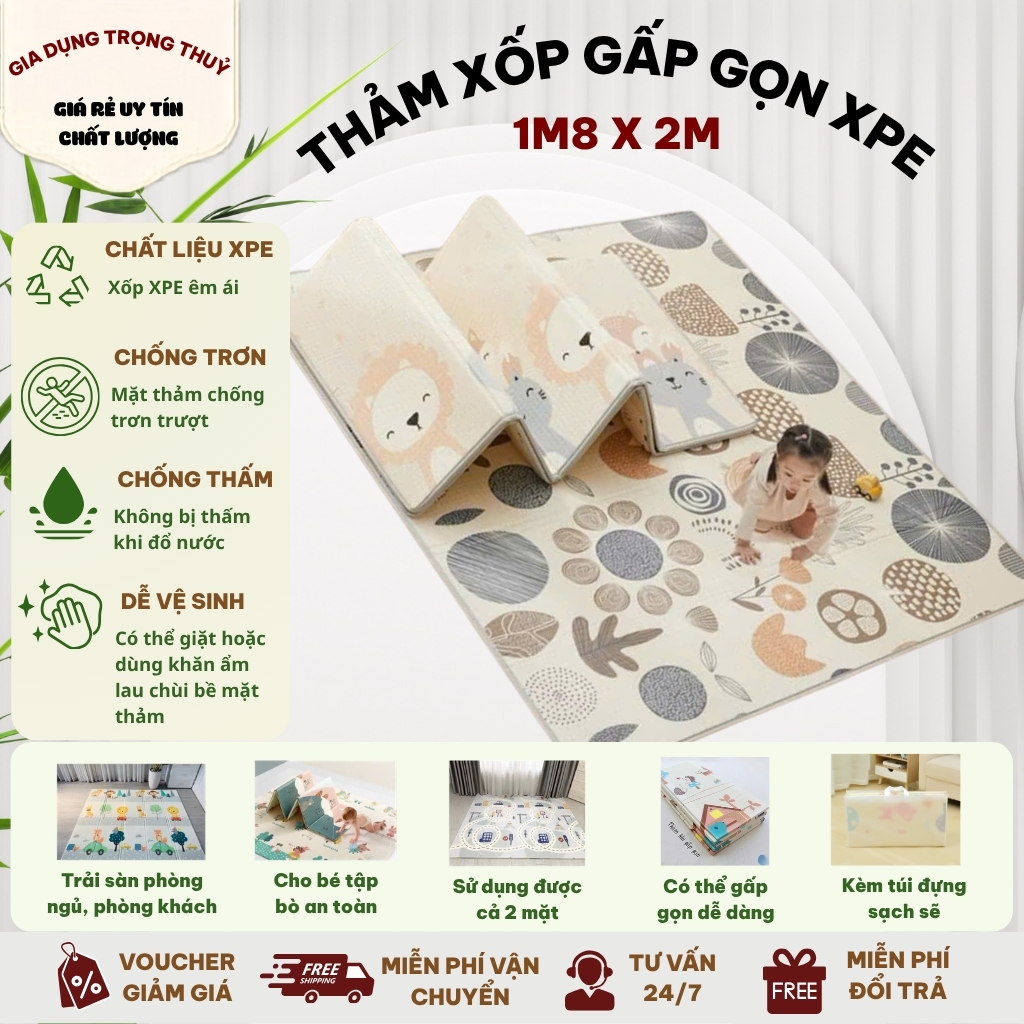 Thảm Xốp Trải Sàn Gấp Gọn XPE 2 Mặt Chống Thấm Chống Trơn Trượt Dễ Vệ Sinh Kích Thước 1.8m x 2m