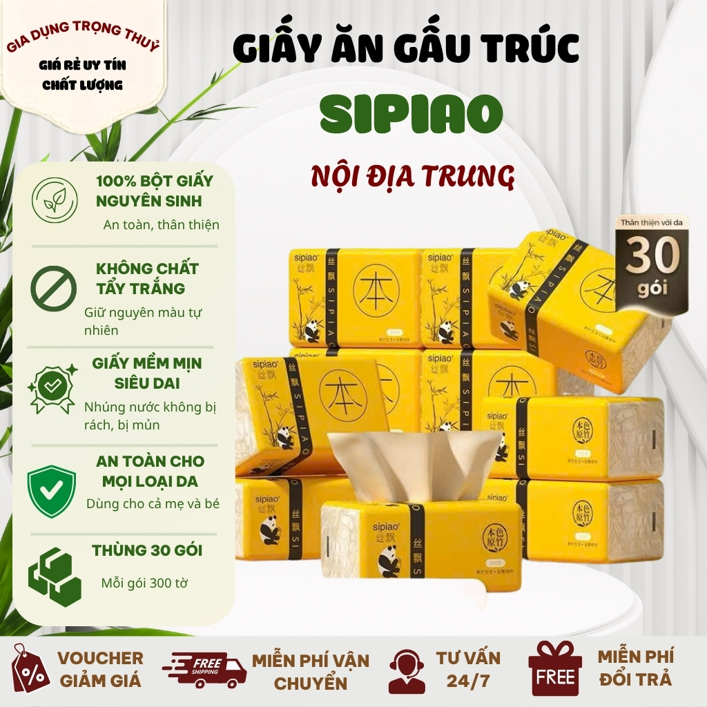 Thùng 30 gói giấy ăn gấu trúc SIPIAO nội địa trung giấy siêu dai mềm mịn không chất tẩy trắng