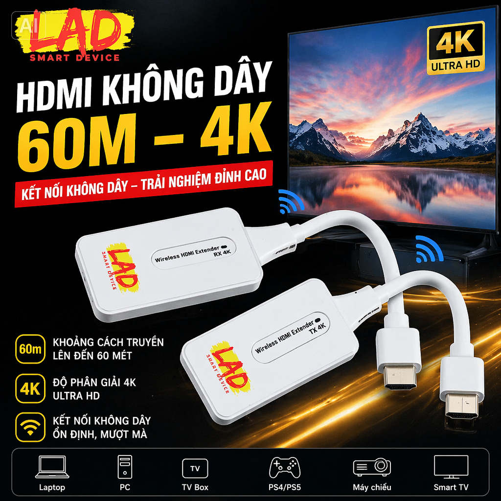Bộ truyền tín hiệu HDMI không dây 4K 60m cho TV Box, Camera, PC, Laptop và Máy Chiếu