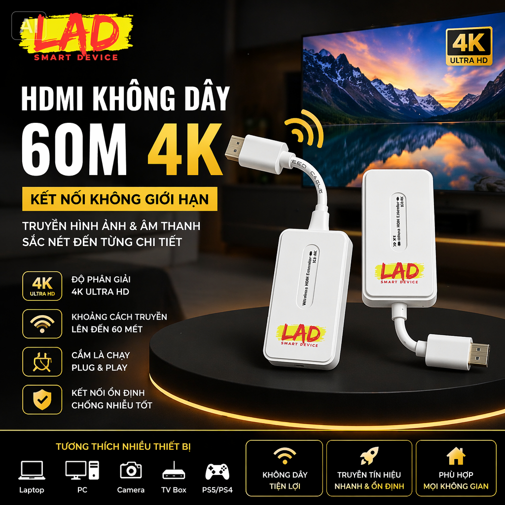 HDMI không dây 4K, kết nối tín hiệu cho TV Box, Camera, PC, Laptop và Máy Chiếu, tối đa 60m