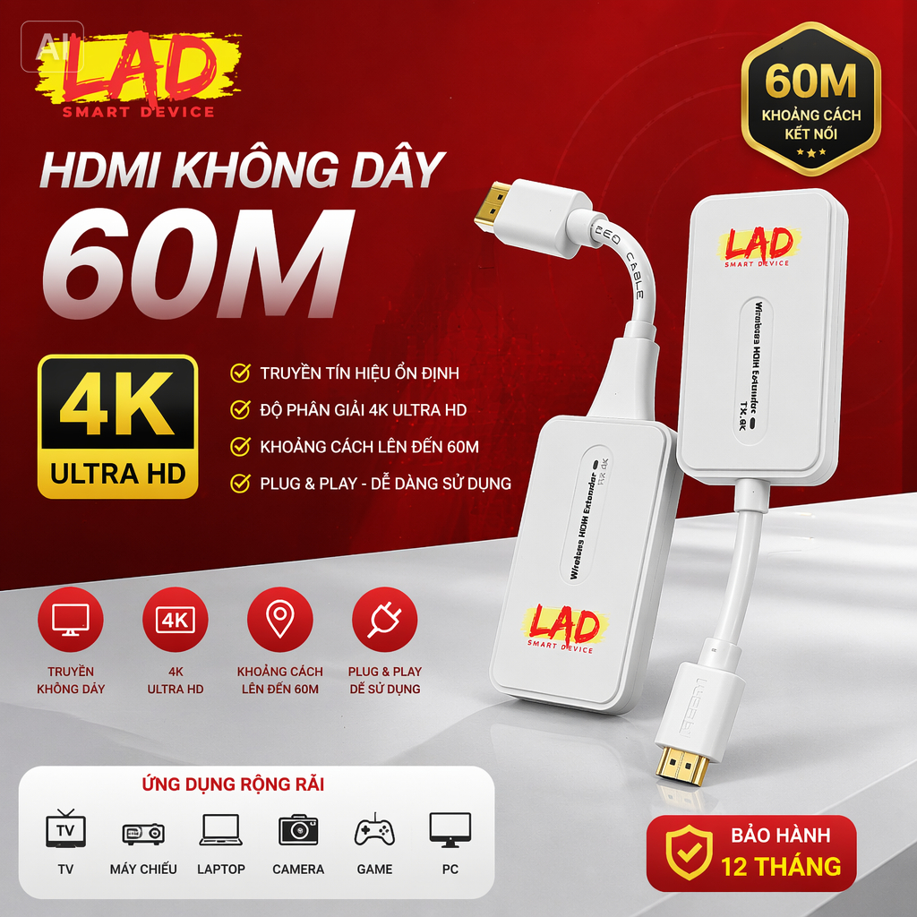 HDMI không dây 4K, kết nối tín hiệu cho TV Box, Camera, PC, Laptop và Máy Chiếu, tối đa 60m