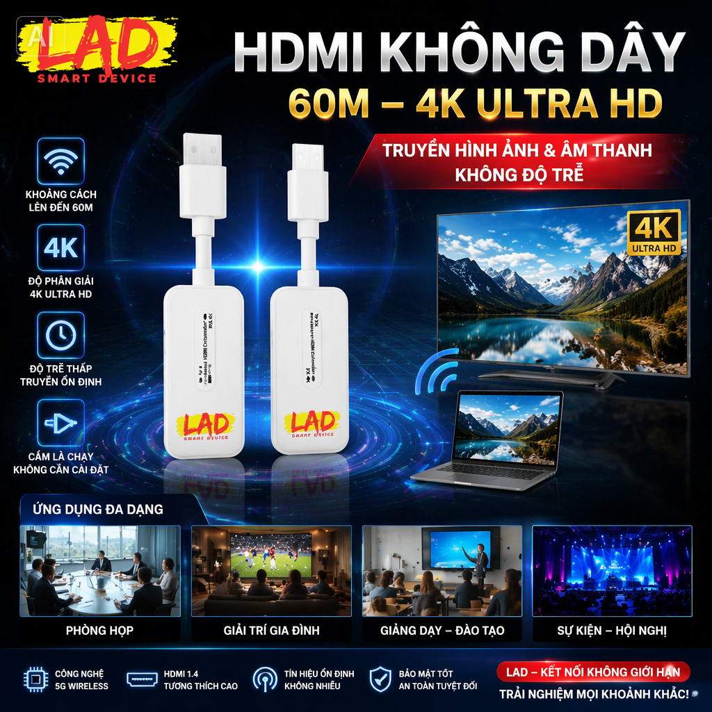 HDMI không dây 4K, kết nối tín hiệu cho TV Box, Camera, PC, Laptop và Máy Chiếu, tối đa 60m