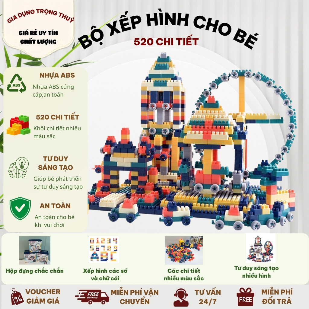 Bộ Đồ Chơi Xếp Hình 520 Chi Tiết Nhựa ABS Cho Bé Lắp Ghép Sáng Tạo Phát Triển Tư Duy An Toàn