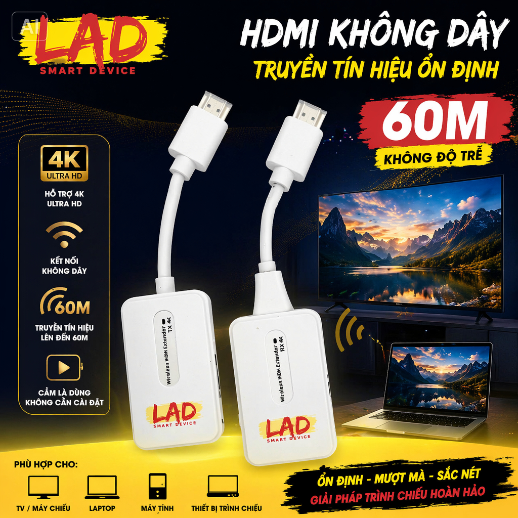 HDMI không dây 4K, kết nối tín hiệu cho TV Box, Camera, PC, Laptop và Máy Chiếu, tối đa 60m