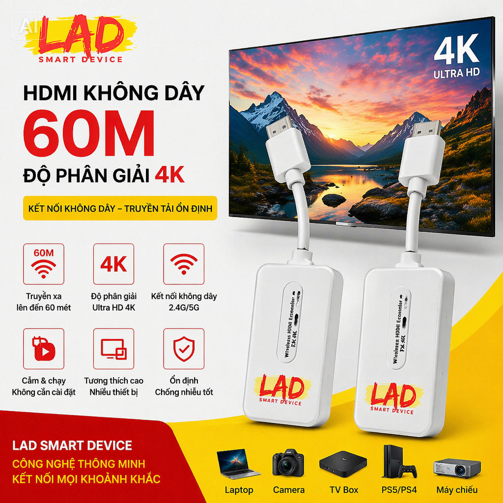 4K 60m HDMI không dây  Cho TV Box Camera PC Laptop Máy Chiếu