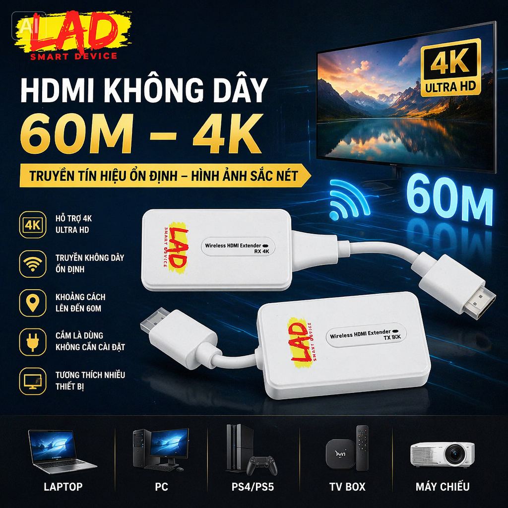 4K 60m HDMI không dây  Cho TV Box Camera PC Laptop Máy Chiếu