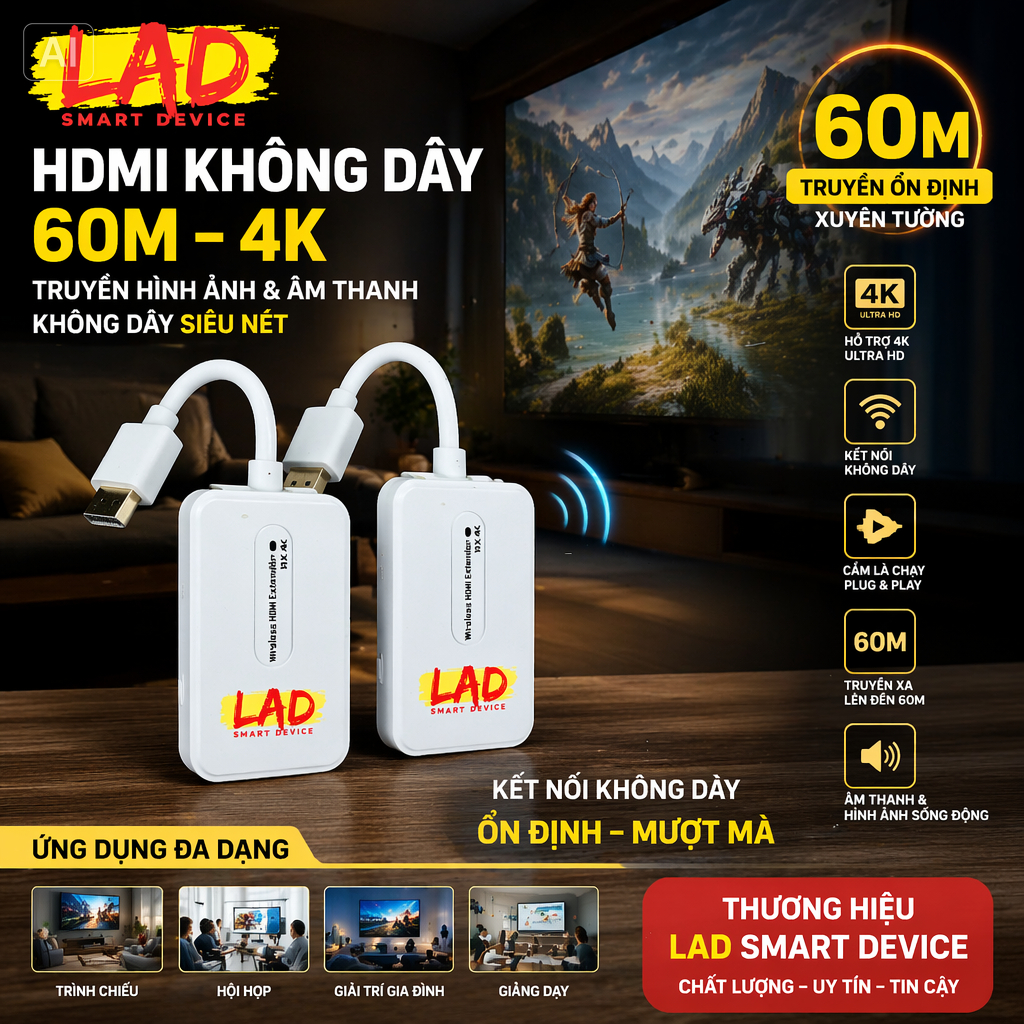 HDMI không dây 4K, khoảng cách 60m, nhận tín hiệu cho TV Box, Camera, PC, Laptop và Máy Chiếu.