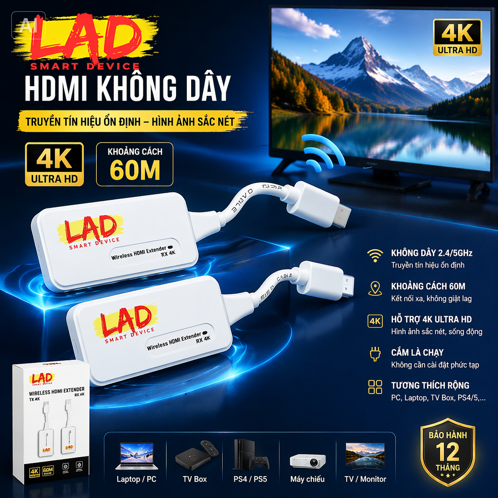 HDMI không dây 4K, khoảng cách 60m, nhận tín hiệu cho TV Box, Camera, PC, Laptop và Máy Chiếu.