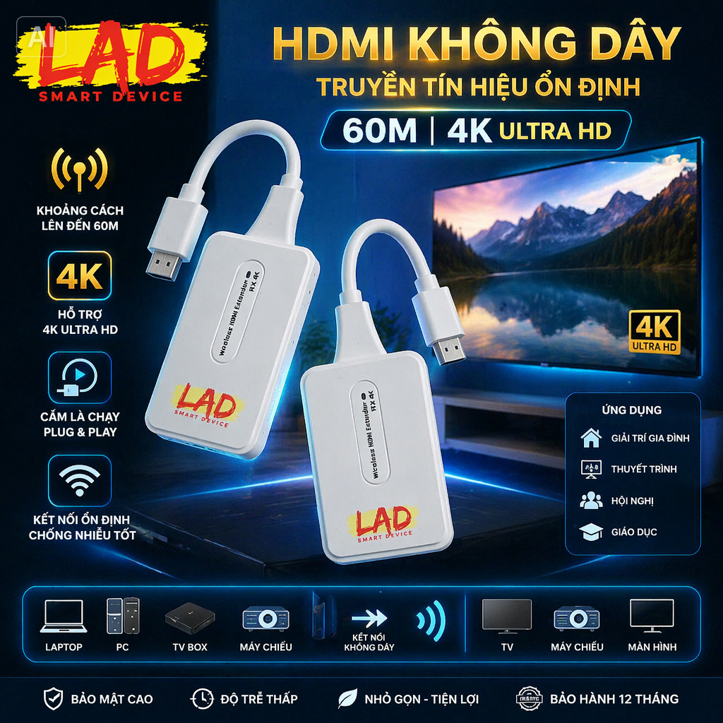 HDMI không dây 4K, khoảng cách 60m, nhận tín hiệu cho TV Box, Camera, PC, Laptop và Máy Chiếu.