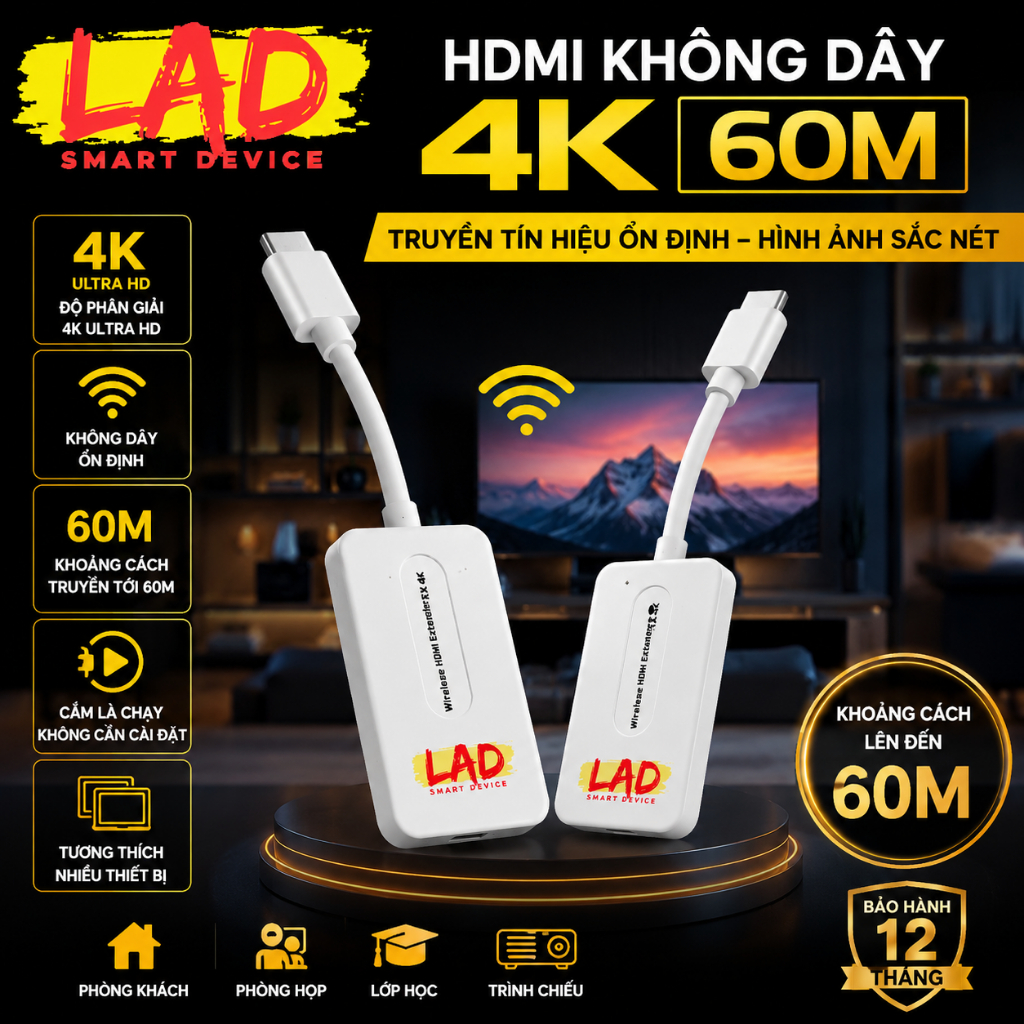 HDMI không dây 4K, khoảng cách 60m, nhận tín hiệu cho TV Box, Camera, PC, Laptop và Máy Chiếu.