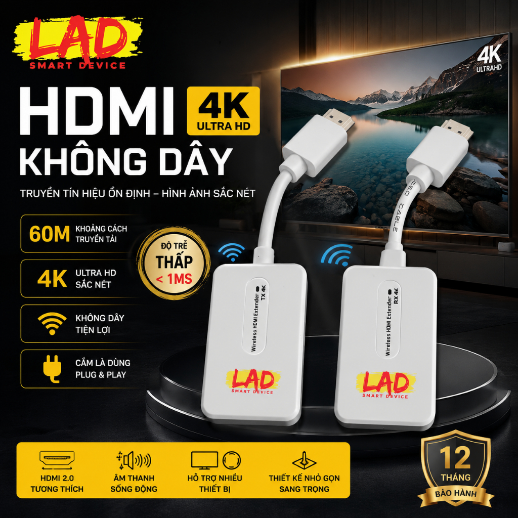 HDMI không dây 4K, khoảng cách 60m, nhận tín hiệu cho TV Box, Camera, PC, Laptop và Máy Chiếu.