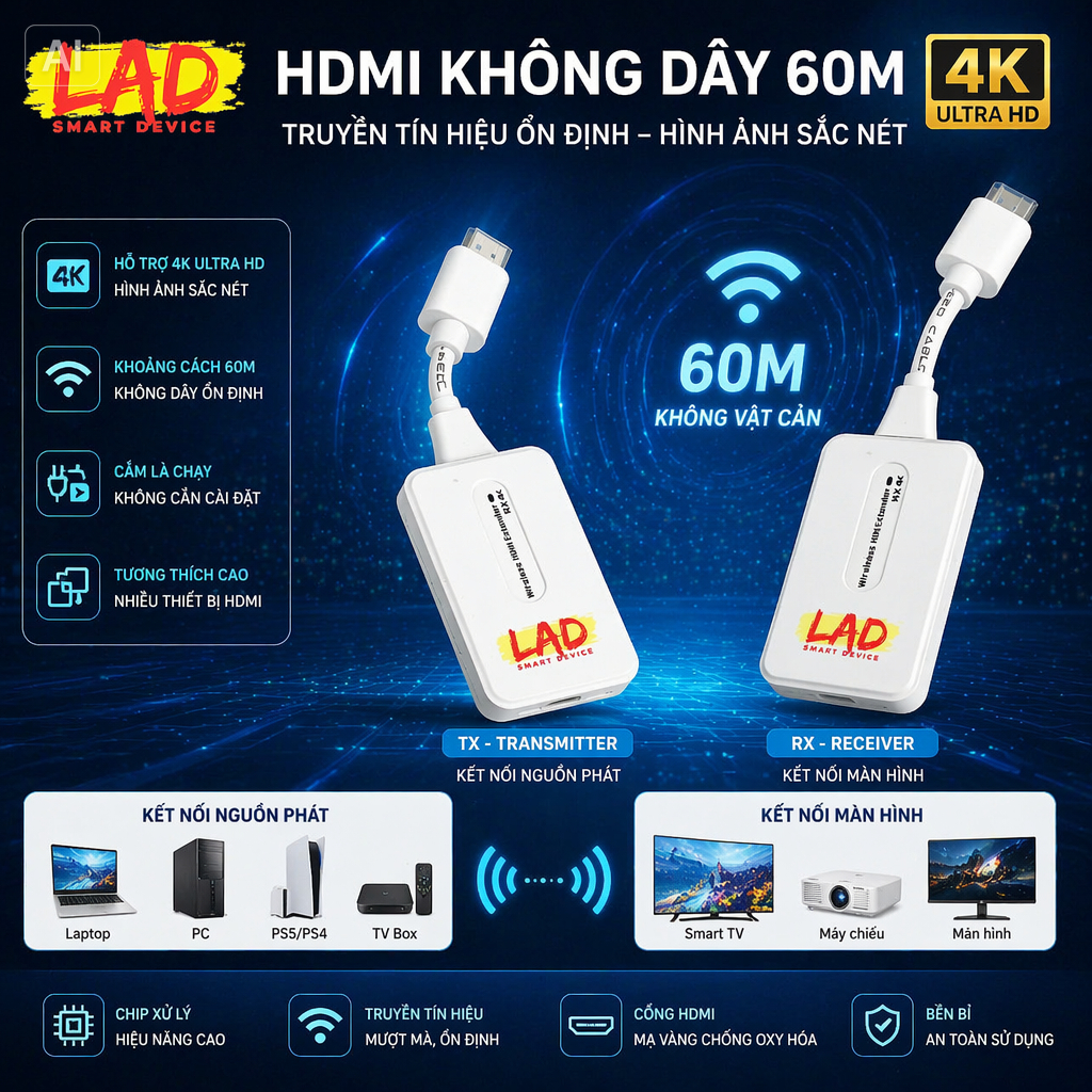 4K 60m HDMI không dây  Cho TV Box Camera PC Laptop Máy Chiếu