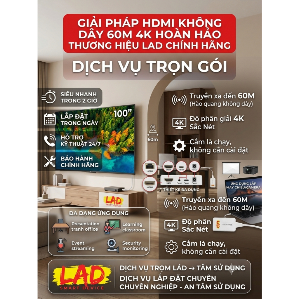 Bộ truyền tín hiệu HDMI không dây 4K 60m cho TV Box, Camera, PC, Laptop và Máy Chiếu