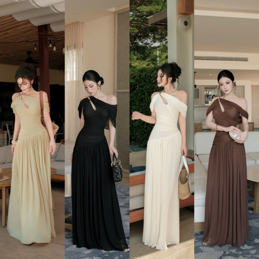 Đầm Body Nhún Eo Lệch Vai Đính Charm Sang Trọng