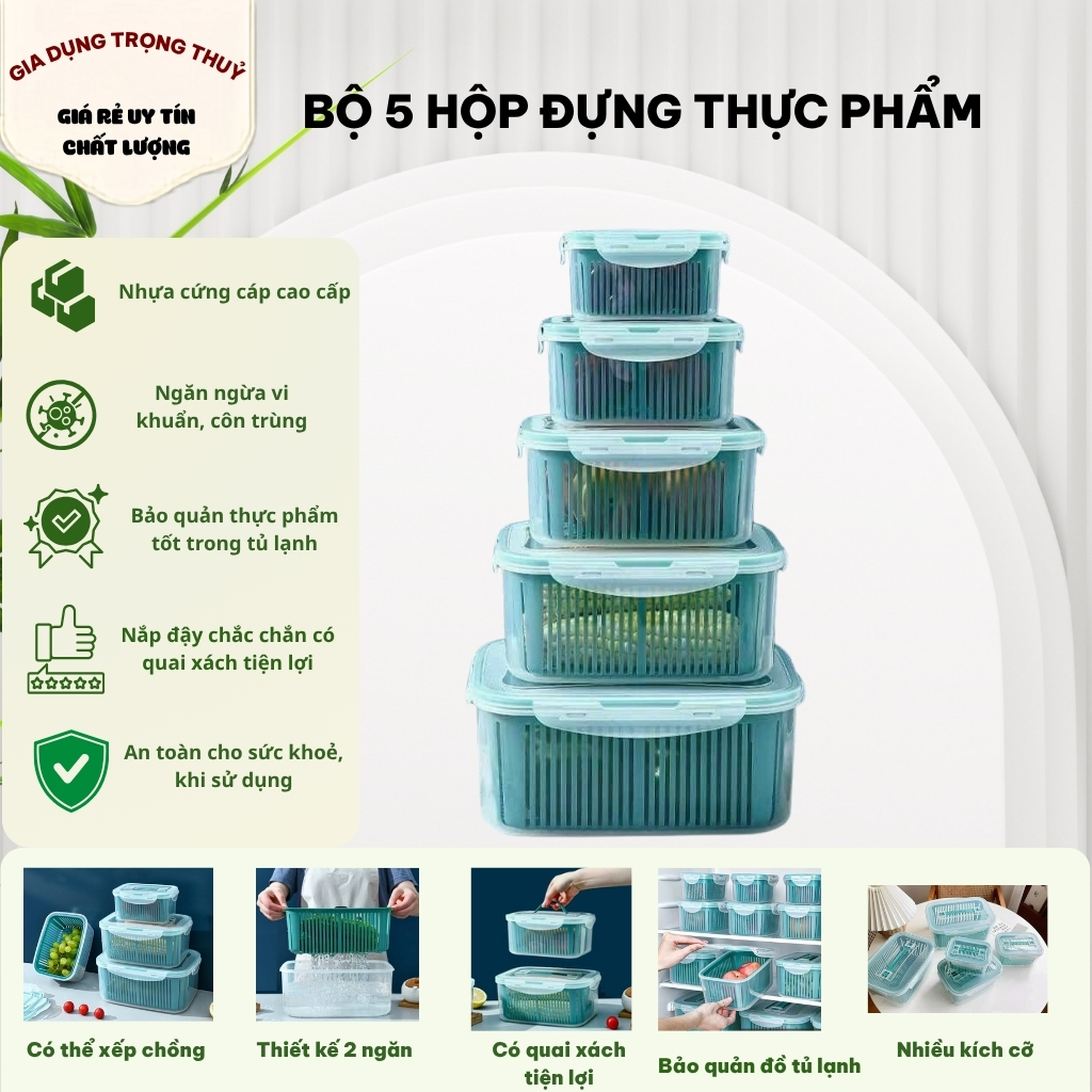 Bộ 5 hộp đựng thực phẩm, đựng đồ đa năng 2 ngăn có nắp đậy cao cấp