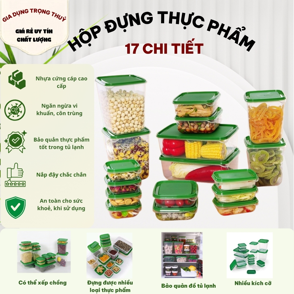 Bộ 17 hộp nhựa đựng thực phẩm bảo quản tủ lạnh cao cấp
