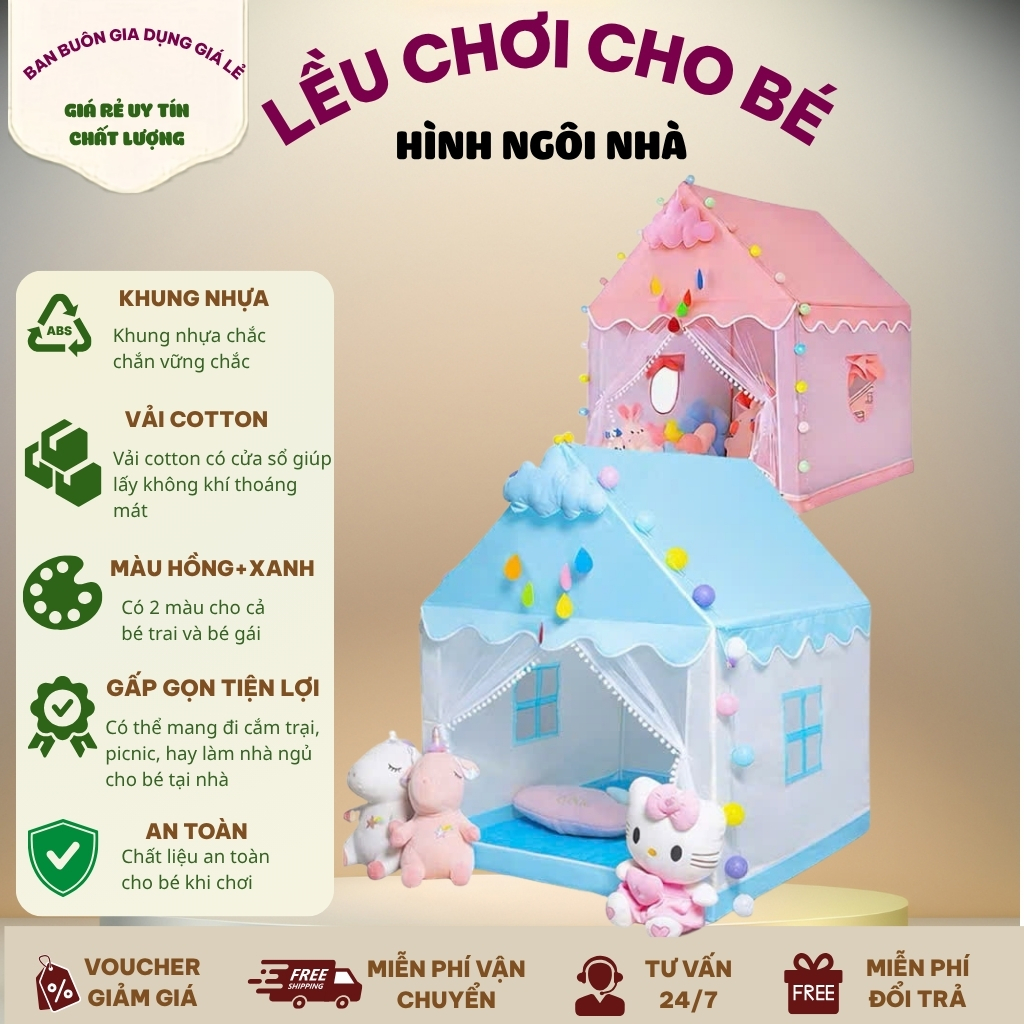 Lều Chơi Cho Bé Hình Ngôi Nhà Cỡ Đại Khung Nhựa Dễ Lắp Ráp Tạo Không Gian Riêng Cho Bé