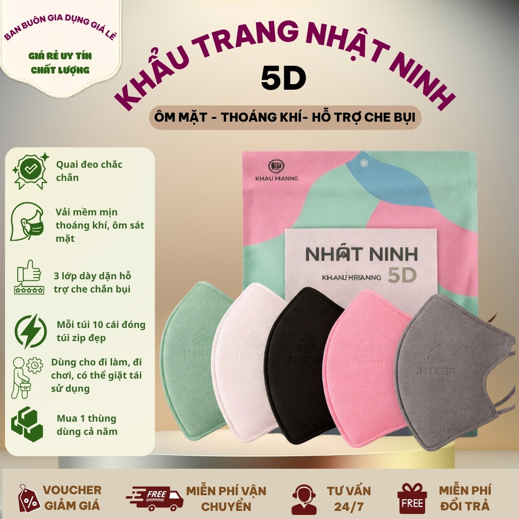 Thùng 200 cái khẩu trang 5D Nhật Ninh 3 lớp kháng khuẩn lọc bụi mịn ôm sát mặt