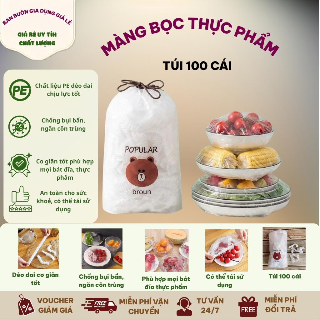 Sét 100 túi bọc thực phẩm bo chun tiện lợi