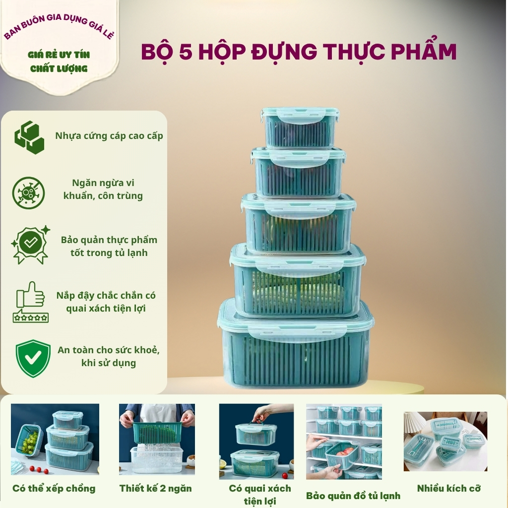Bộ 5 hộp đựng đồ tủ lạnh 2 lớp cao cấp có nắp đậy bảo quản an toàn thực phẩm