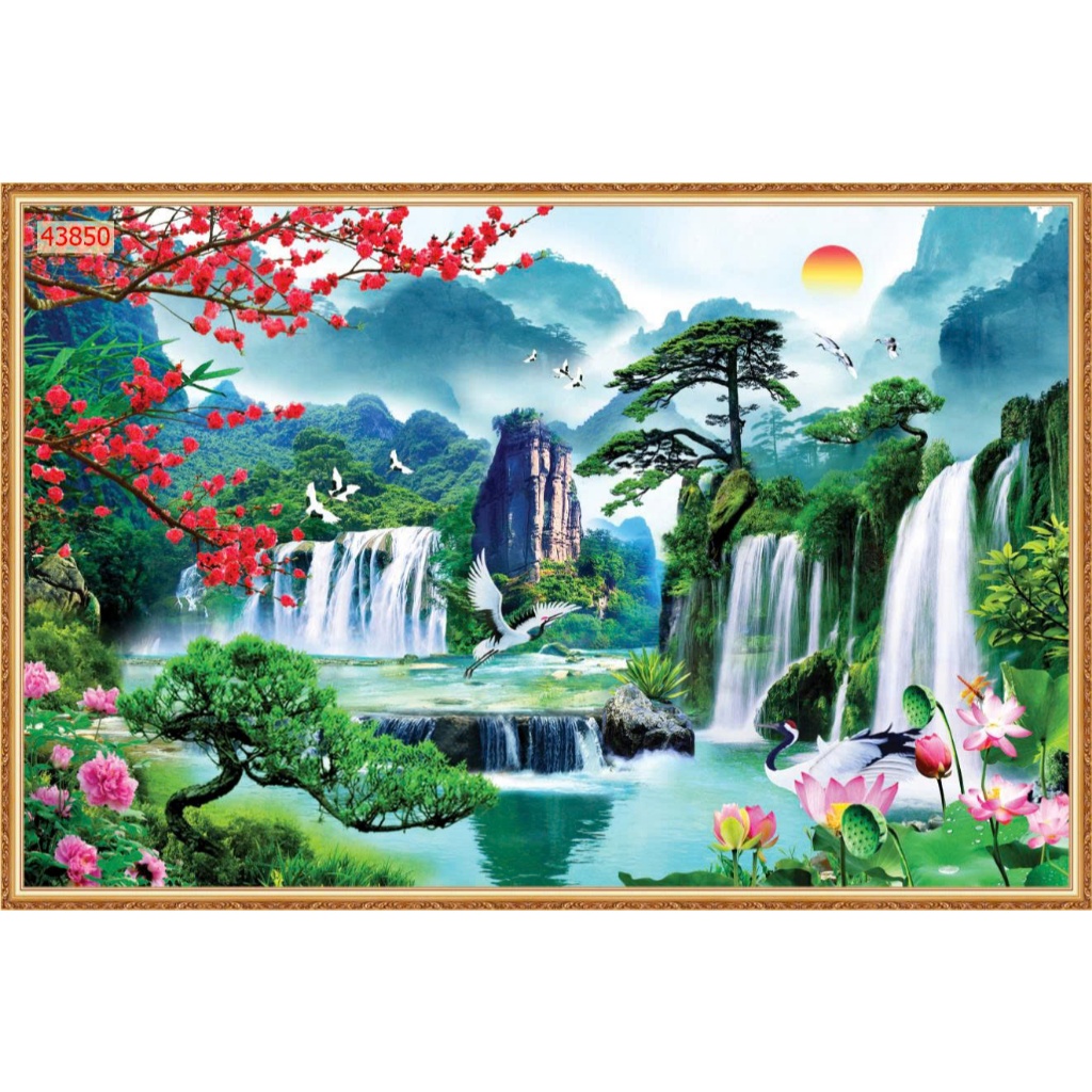 Tranh sơn thủy hữu tình tranh dán tường 3d tranh lụa