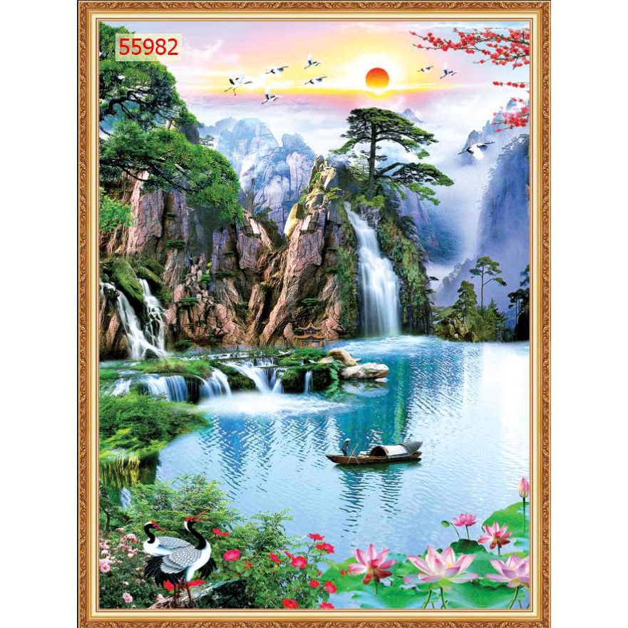 ATranh lụa kim sa 3D dán tường cao cấp thác nước, sông hồ, đàn cá...