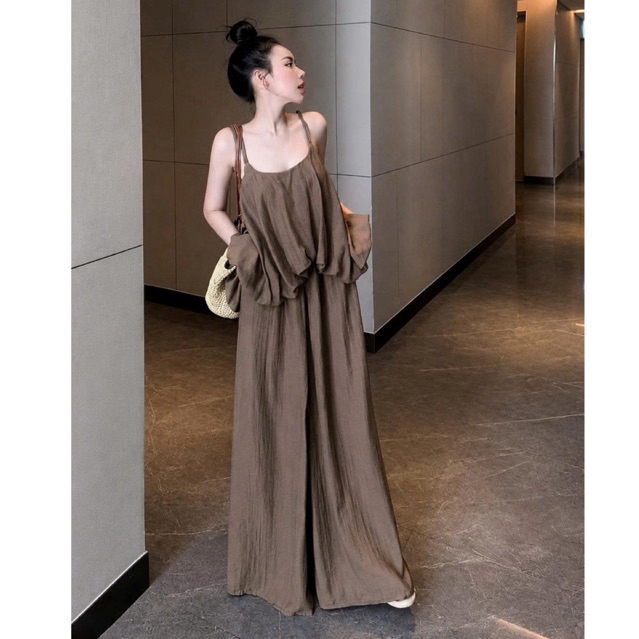 Set Áo Hai Dây + Quần Suông Ống Rộng Linen Hàn Quốc