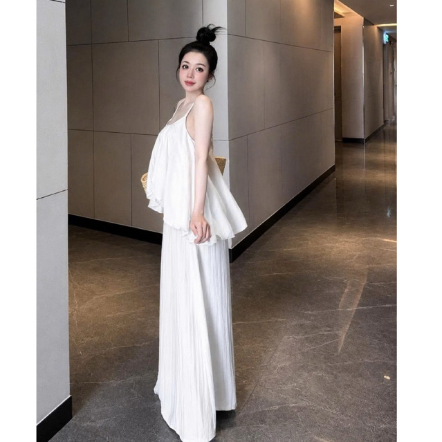 Set Áo Hai Dây + Quần Suông Ống Rộng Linen Hàn Quốc