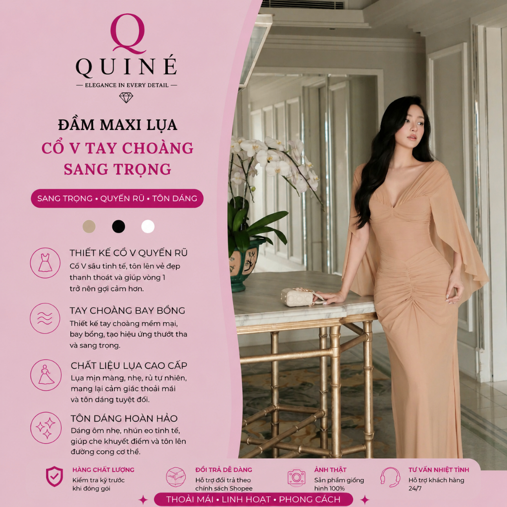 Đầm Maxi Lụa Cổ V Tay Choàng Sang Trọng Cao Cấp - Váy Dự Tiệc Dạ Hội Thanh Lịch Tôn Dáng QUINÉ
