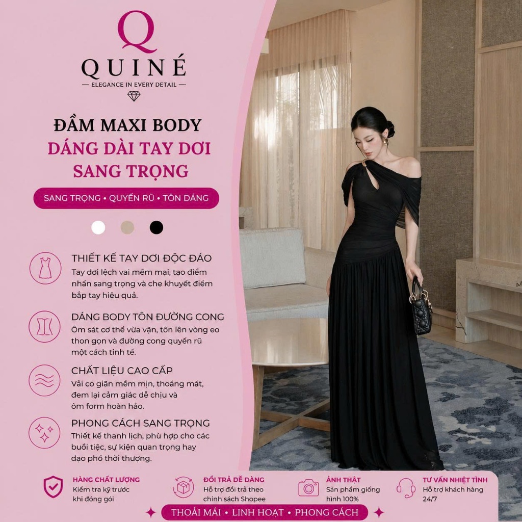 Đầm Maxi Body Dáng Dài Tay Dơi Sang Trọng Cao Cấp - Váy Ôm Tôn Dáng Thanh Lịch Dự Tiệc QUINÉ