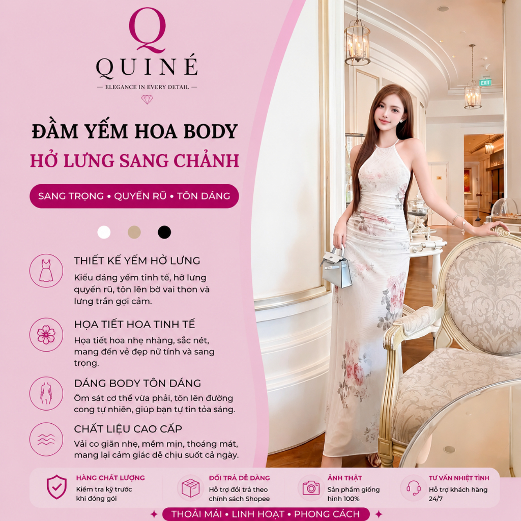 Đầm Yếm Hoa Body Hở Lưng Sang Chảnh Quyến Rũ - Váy Dự Tiệc Tôn Dáng Cao Cấp QUINÉ